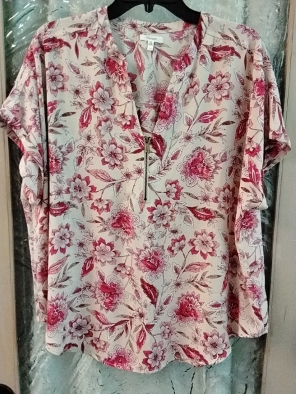 Maurices Geneva Cream Blouse with Pink Floral Zip Front